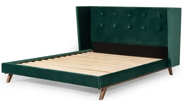 Dury King Size Platform Bed, Green Velvet Upholstery, Tufted Wingback - Benzara