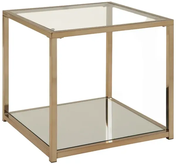 Glass Top End Table with Metal Frame and Open Shelf, Brass-Benzara