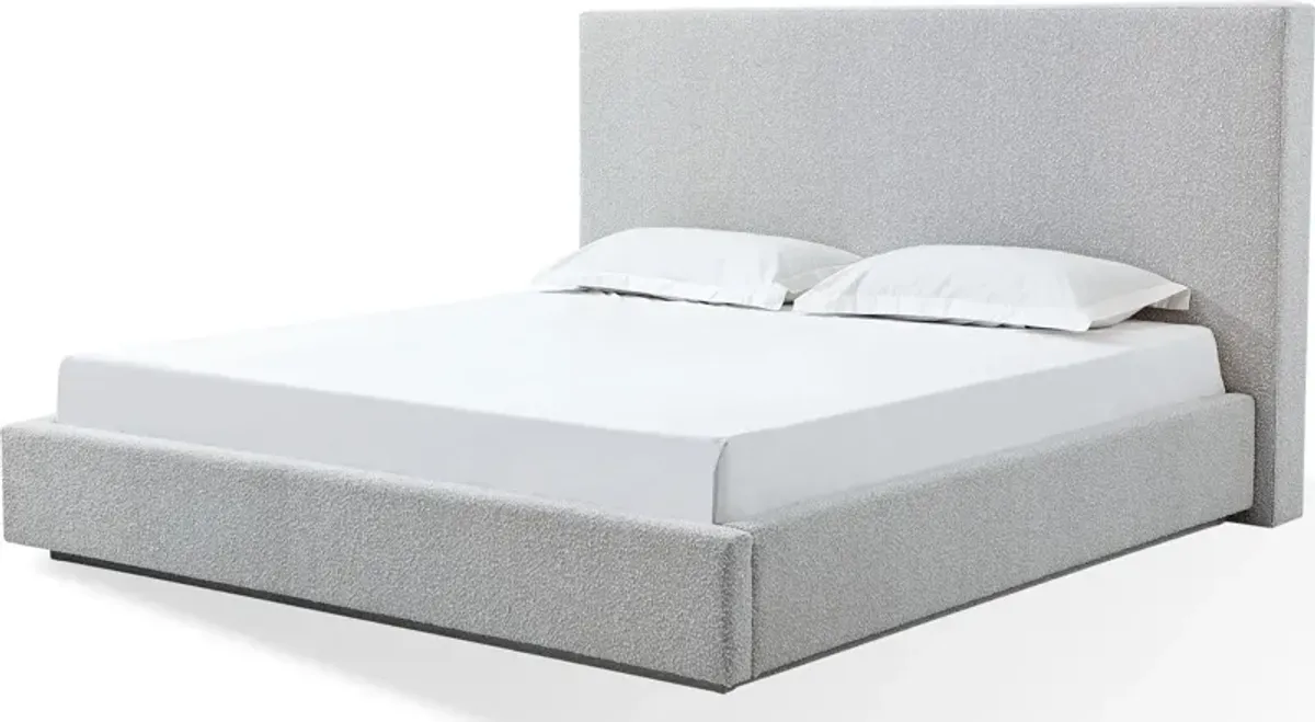 One Queen-size Upholstered Platform Bed in Cotton Ball Boucle