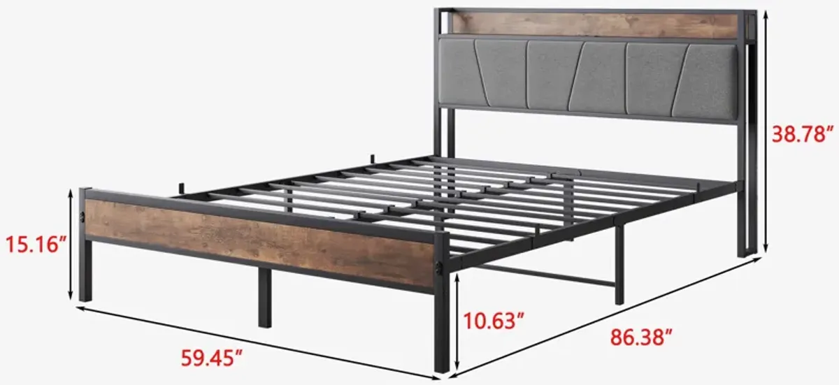 Hivvago QueenSized Platform Bedframe with Storage and Rustic Wooden Head Board