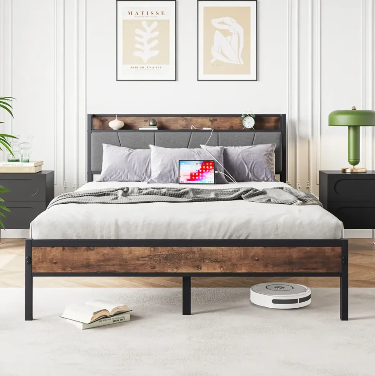 Hivvago QueenSized Platform Bedframe with Storage and Rustic Wooden Head Board