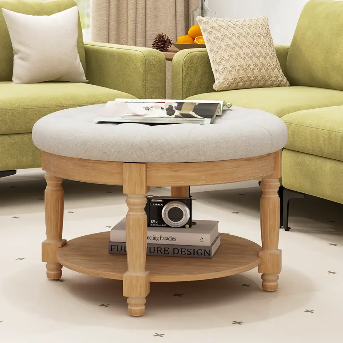 29-Inch Round Ottoman Coffee Table, 2-Tier Upholstered Tufted Footrest with Flip-Up Storage Top