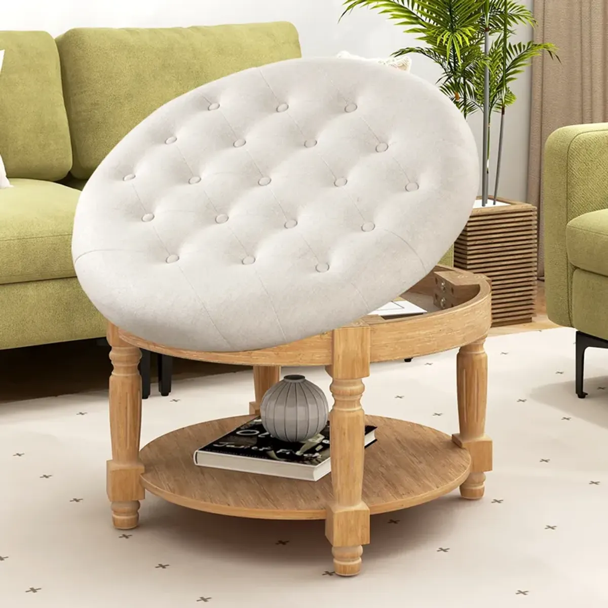 29-Inch Round Ottoman Coffee Table, 2-Tier Upholstered Tufted Footrest with Flip-Up Storage Top