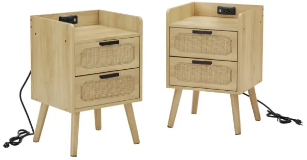 Rattan Nightstand With Socket Side Table Natural Handmade Rattan