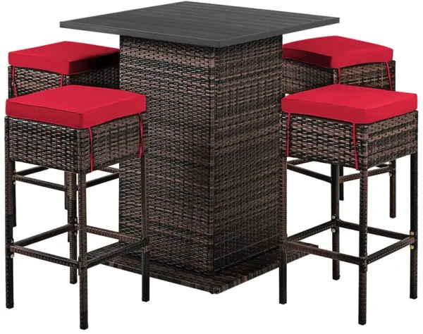5 Pieces Patio Rattan Bar Table Stool Set Hidden Storage Shelf Cushioned