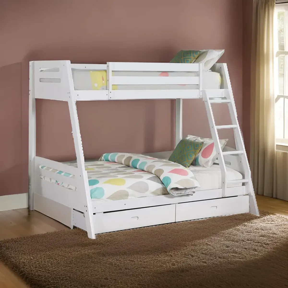 Emily Twin Over Full Bunk Bed with Ladder, 2 Drawers, White Solid Wood