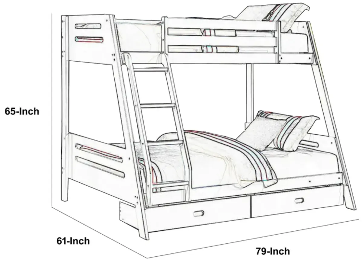 Emily Twin Over Full Bunk Bed with Ladder, 2 Drawers, White Solid Wood