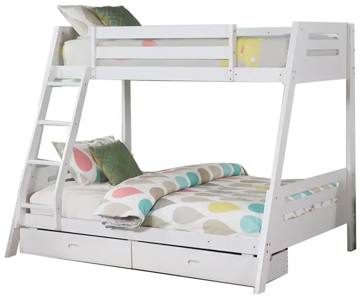 Emily Twin Over Full Bunk Bed with Ladder, 2 Drawers, White Solid Wood