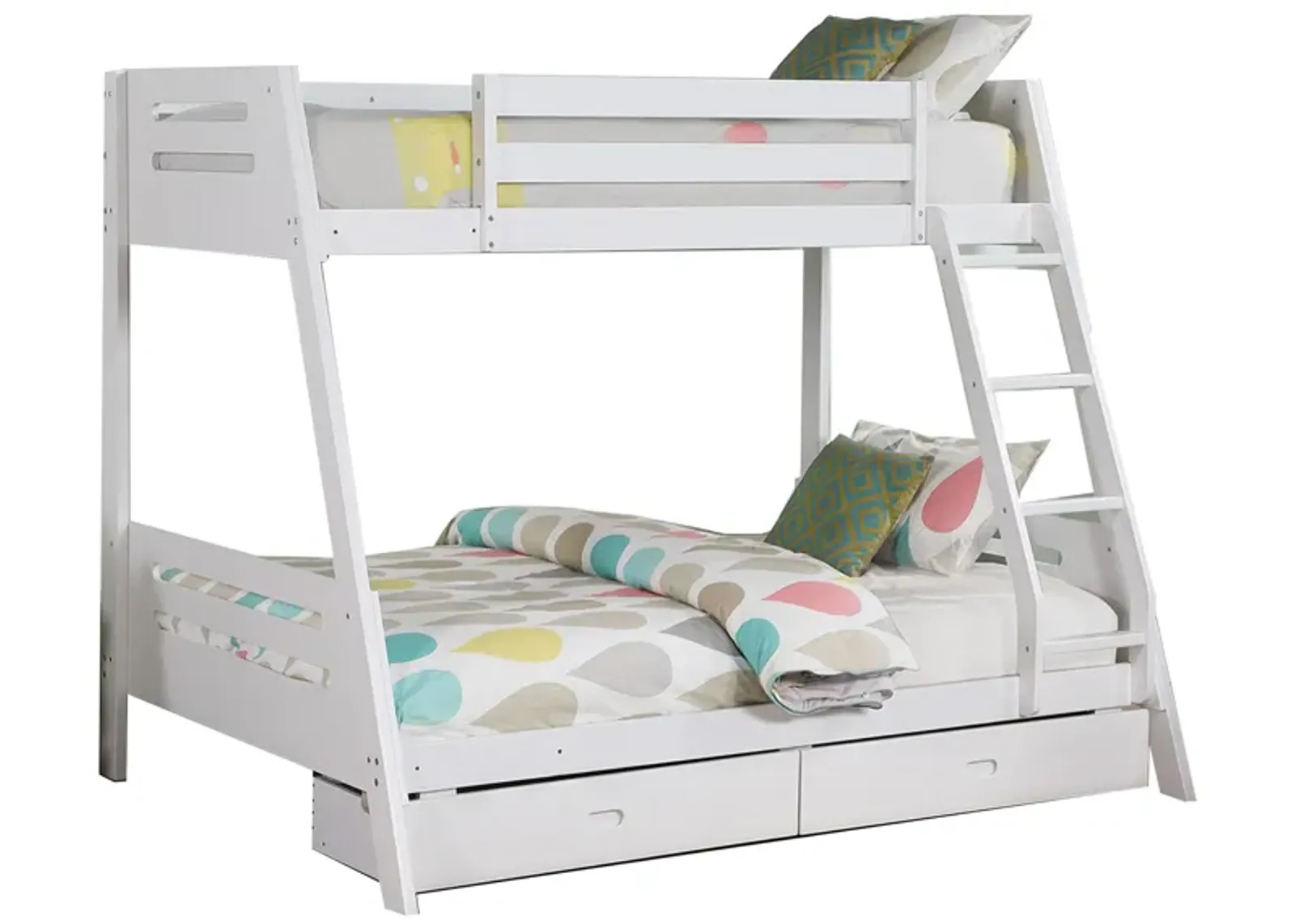 Emily Twin Over Full Bunk Bed with Ladder, 2 Drawers, White Solid Wood