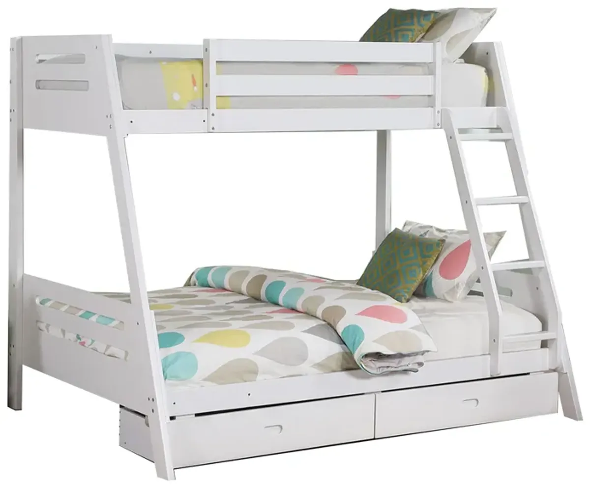 Emily Twin Over Full Bunk Bed with Ladder, 2 Drawers, White Solid Wood