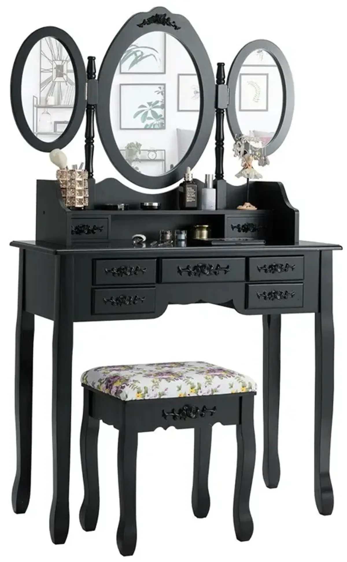 7 Drawer Tri-Folding Mirror Dressing Vanity Makeup Set