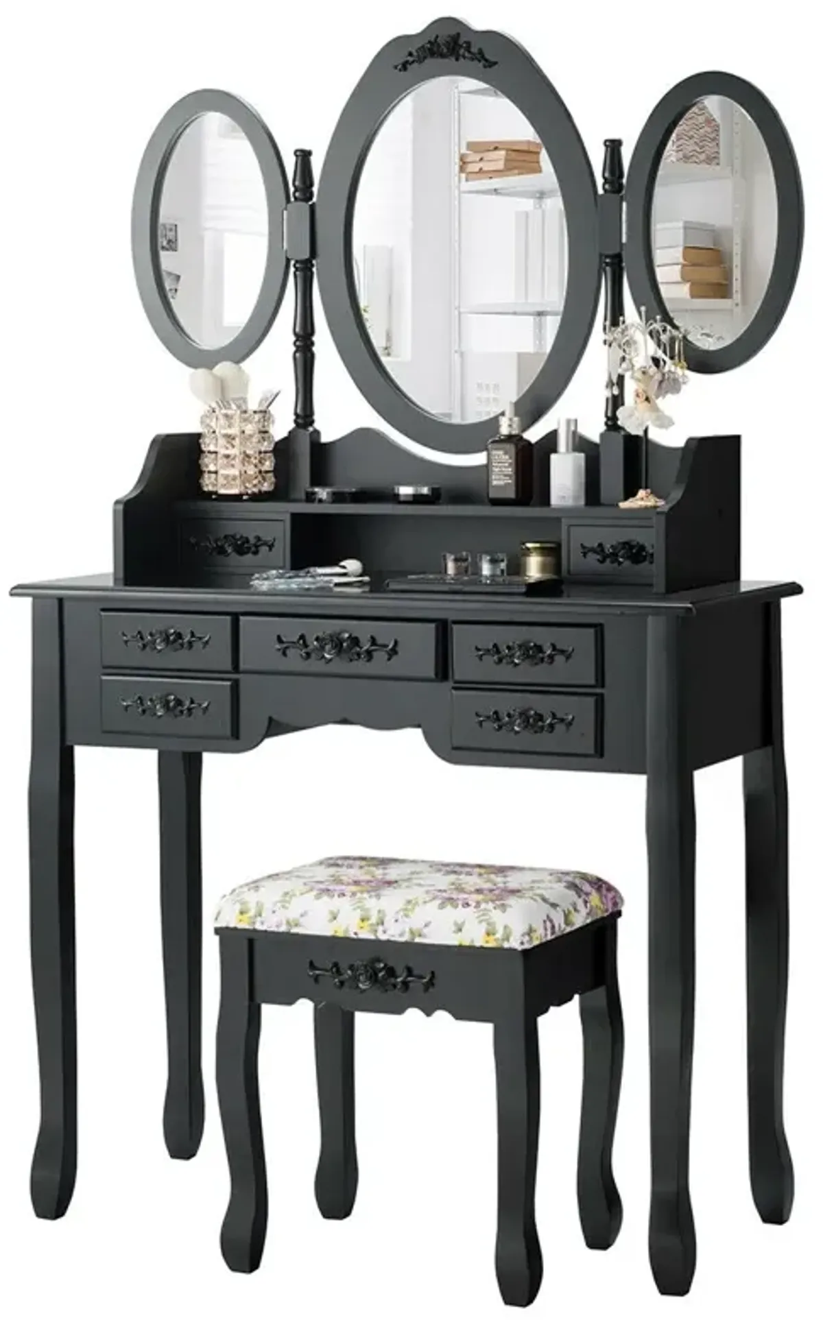 7 Drawer Tri-Folding Mirror Dressing Vanity Makeup Set