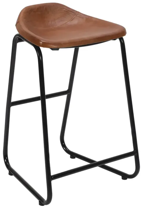 26 Inch Counter Height Bar Stool, Genuine Leather Bucket Seat, Metal, Brown, Black-Benzara