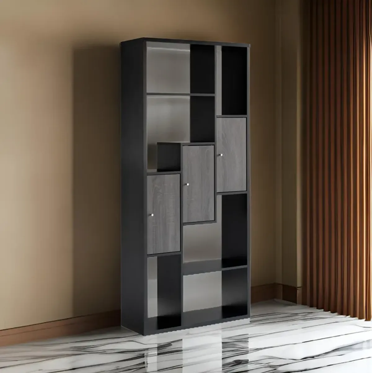 69 Inch Modern Display Cabinet with 7 Multilevel Shelves, 3 Doors, Black - Benzara