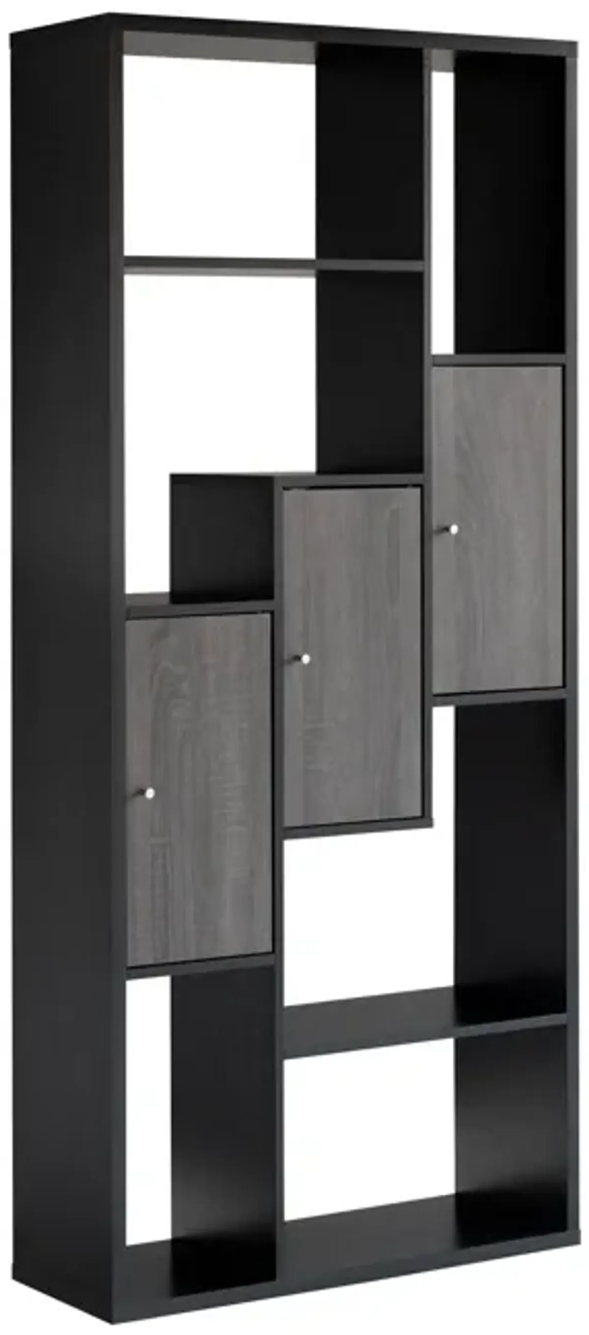 69 Inch Modern Display Cabinet with 7 Multilevel Shelves, 3 Doors, Black - Benzara