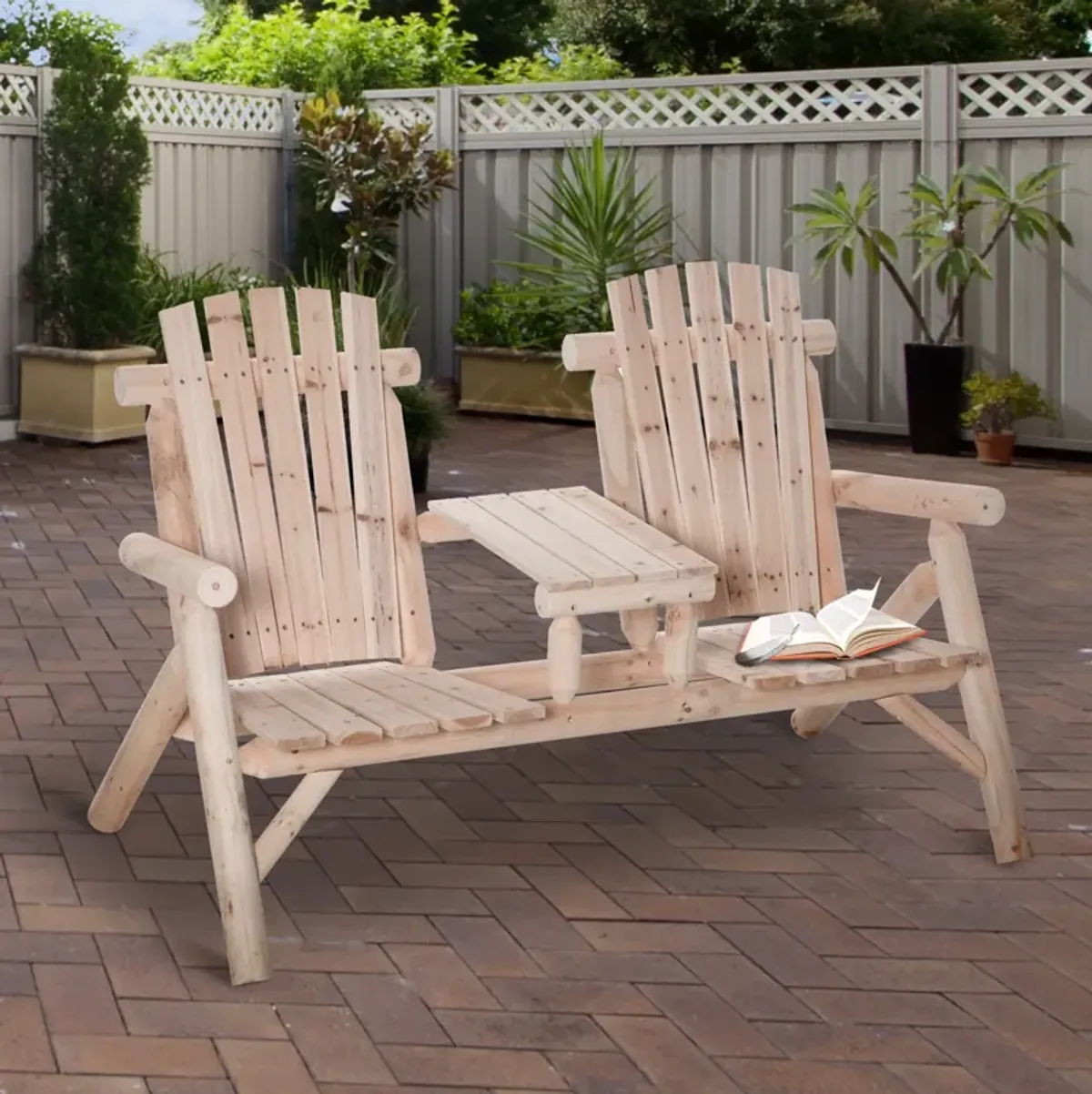 Natural Outdoor Duo: Wooden Adirondack Chair with Center Table