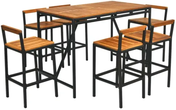 Hivvago 7 Pieces Acacia Wood Patio Rattan Bar Set with Umbrella Hole
