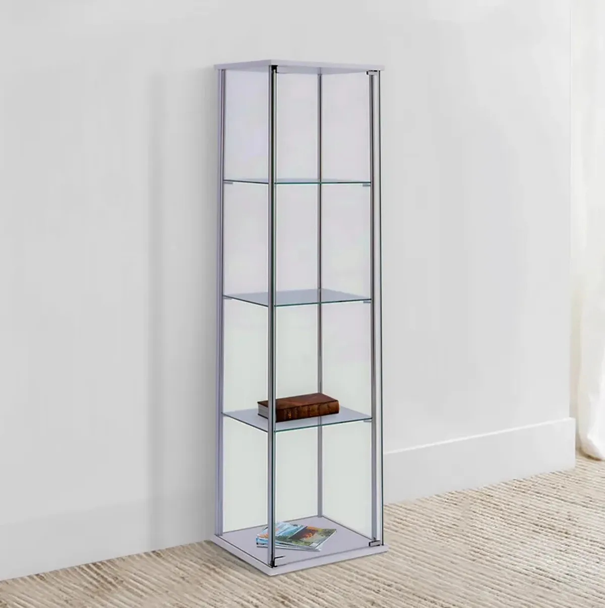 Glass and Metal Curio Cabinet with 4 Shelves, Clear and White-Benzara