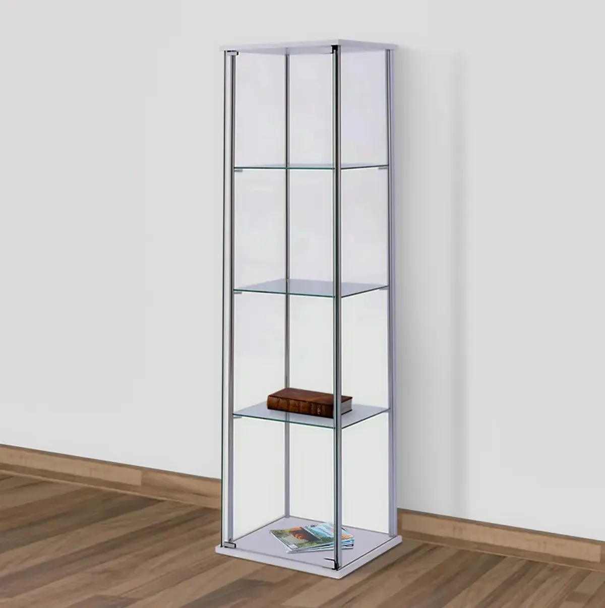 Glass and Metal Curio Cabinet with 4 Shelves, Clear and White-Benzara