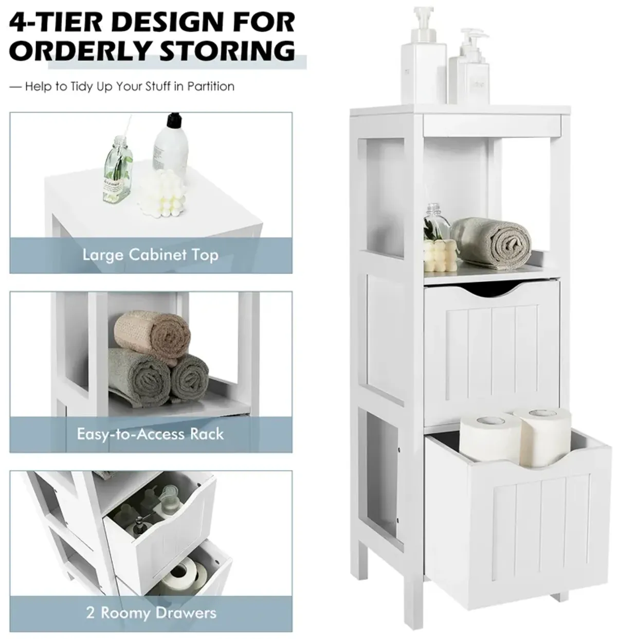 Costway Bathroom Floor Cabinet Freestanding Side Storage Organizer w/2 Removable Drawers