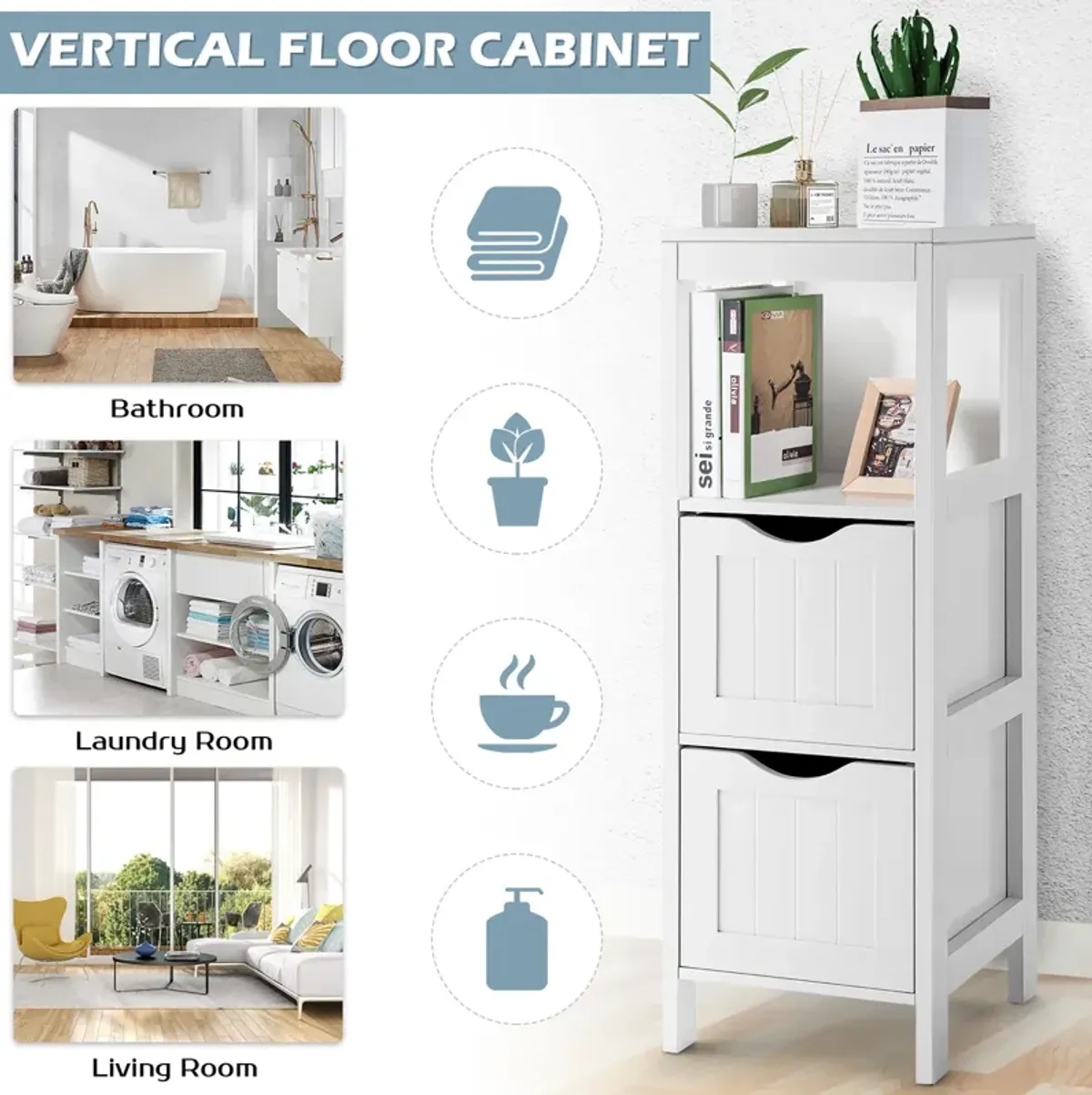 Costway Bathroom Floor Cabinet Freestanding Side Storage Organizer w/2 Removable Drawers