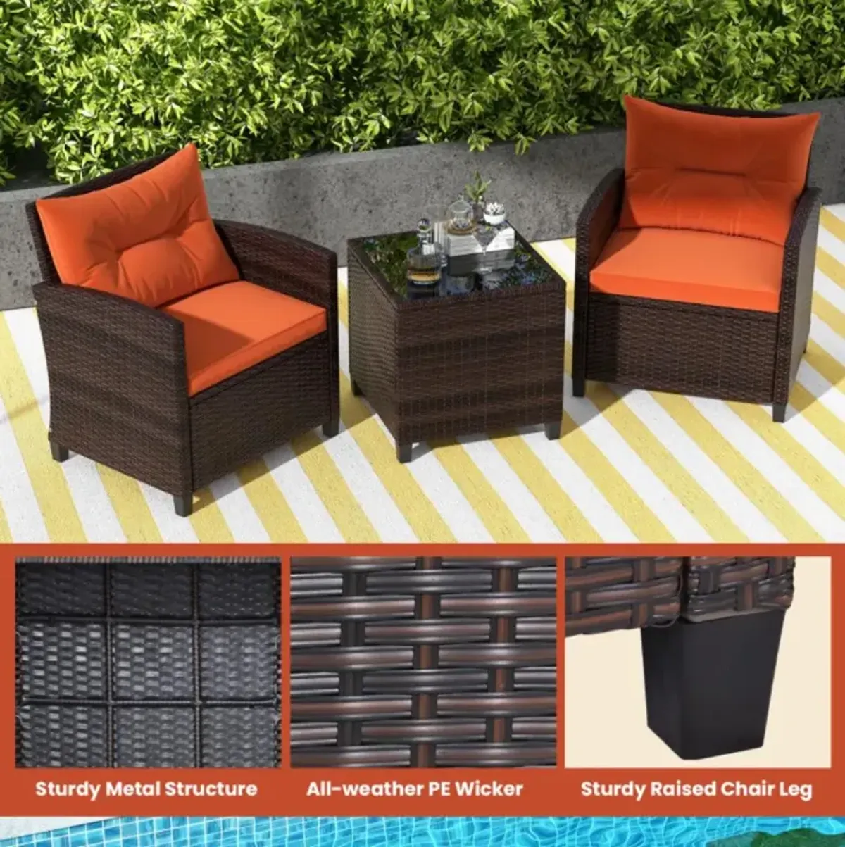 Hivvago 3 Pieces Rattan Patio Furniture Set with Washable Cushion