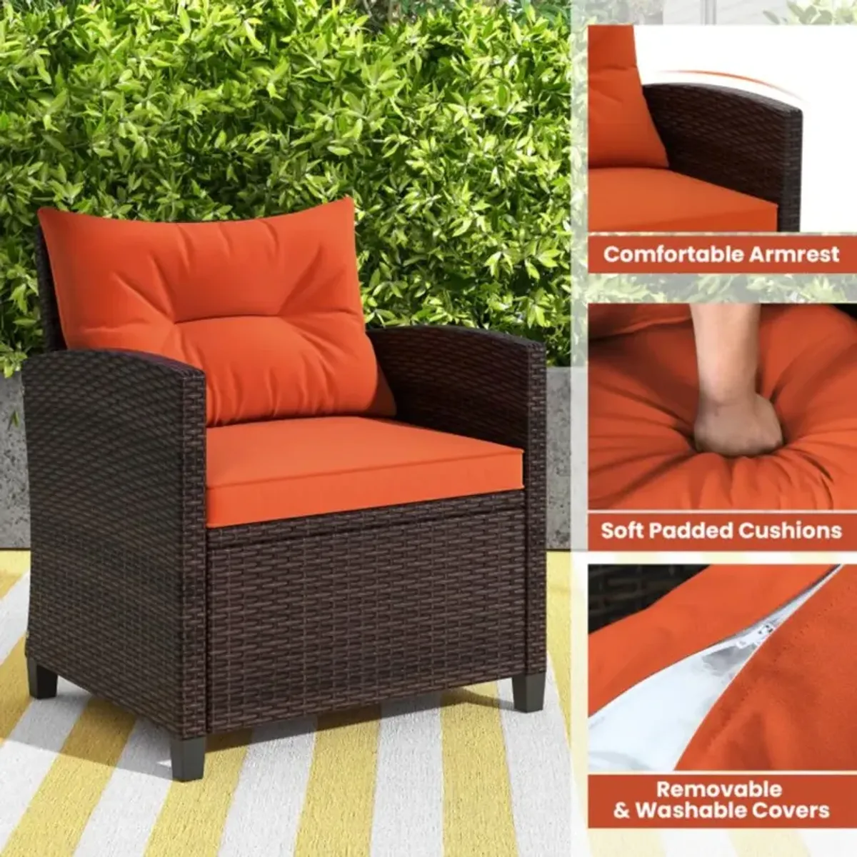 Hivvago 3 Pieces Rattan Patio Furniture Set with Washable Cushion