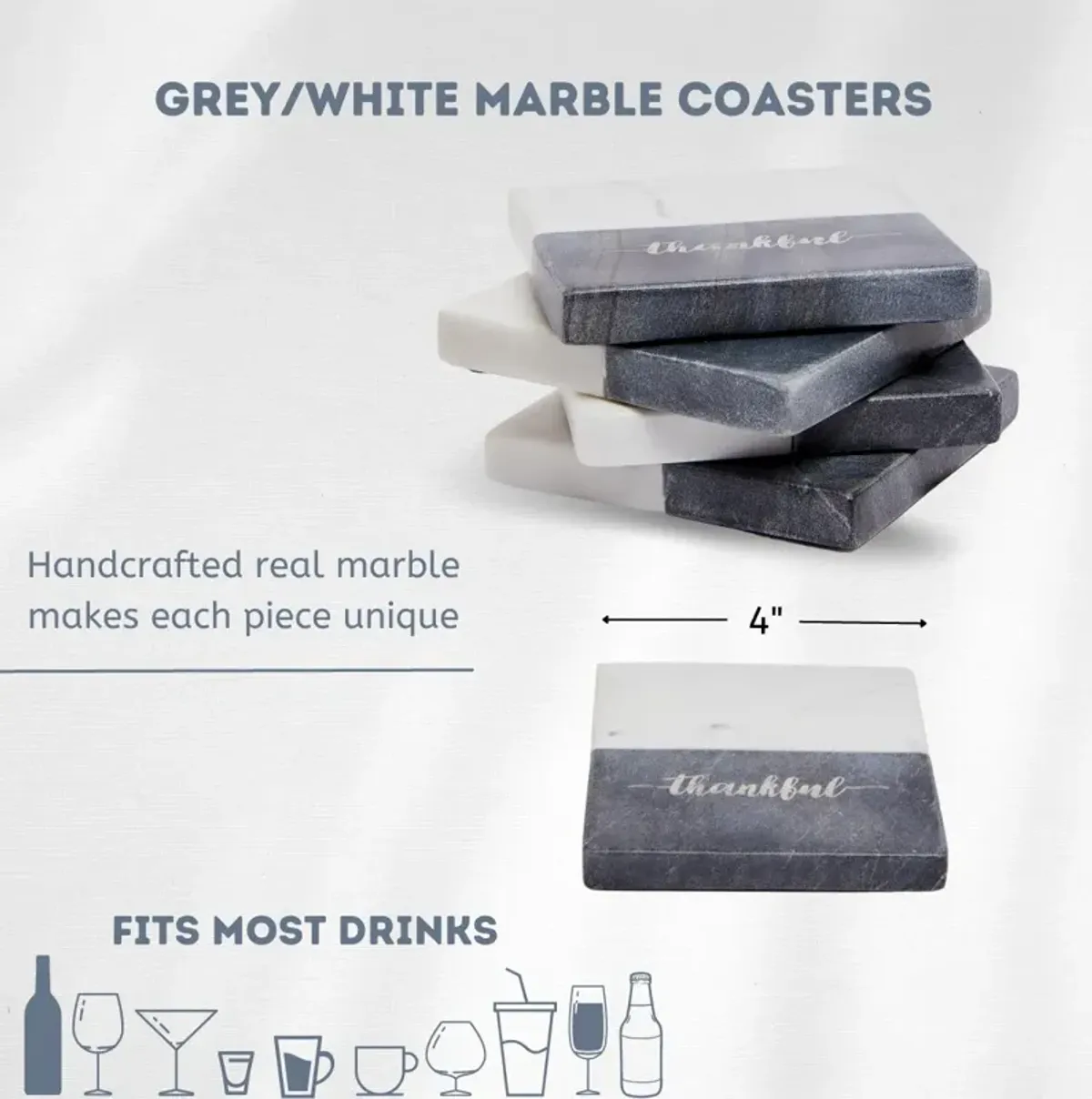 Lexi Home 4 in. Grey Thankful Marble 4-Pack Coaster Set