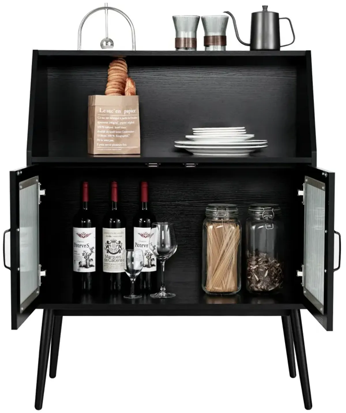 Kitchen Sideboard Buffet with Open Cubby and 2 Glass Doors-Black