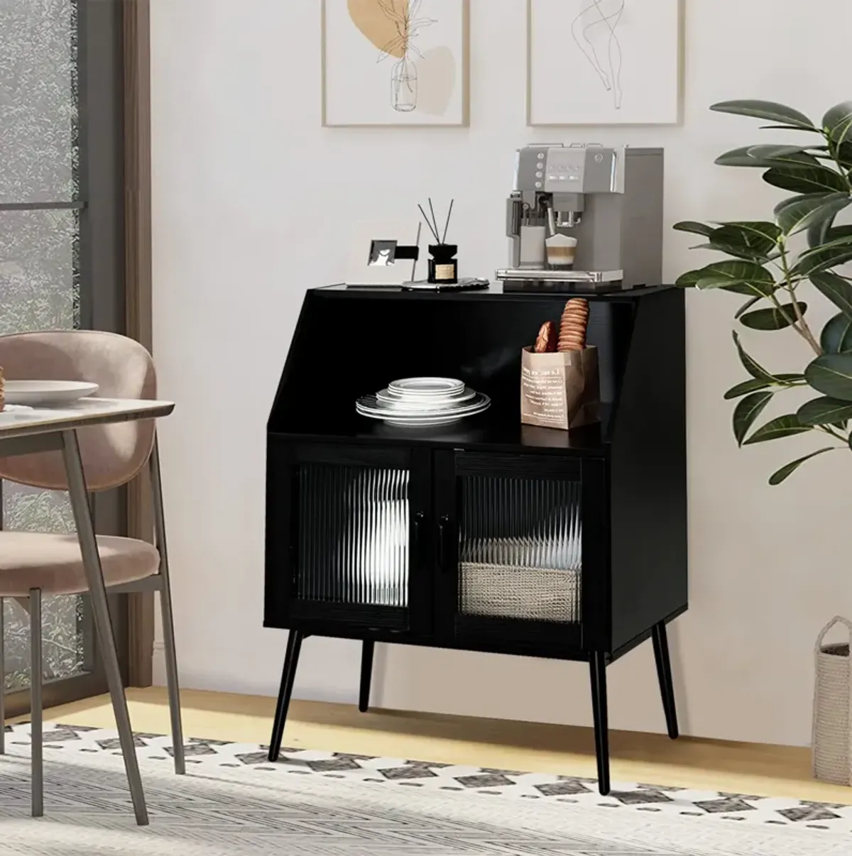 Kitchen Sideboard Buffet with Open Cubby and 2 Glass Doors-Black