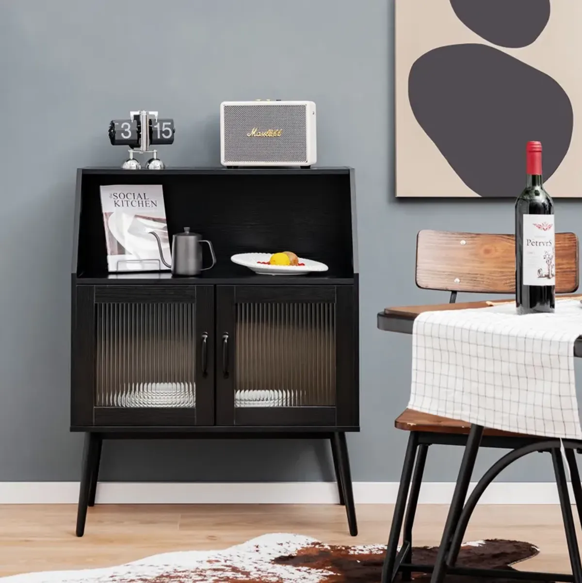 Kitchen Sideboard Buffet with Open Cubby and 2 Glass Doors-Black