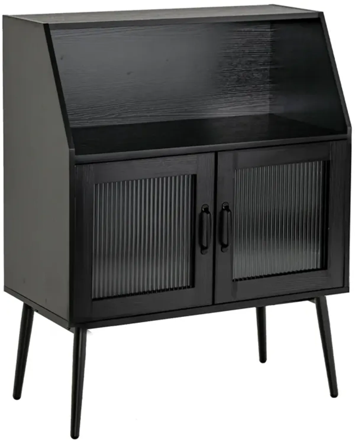 Kitchen Sideboard Buffet with Open Cubby and 2 Glass Doors-Black