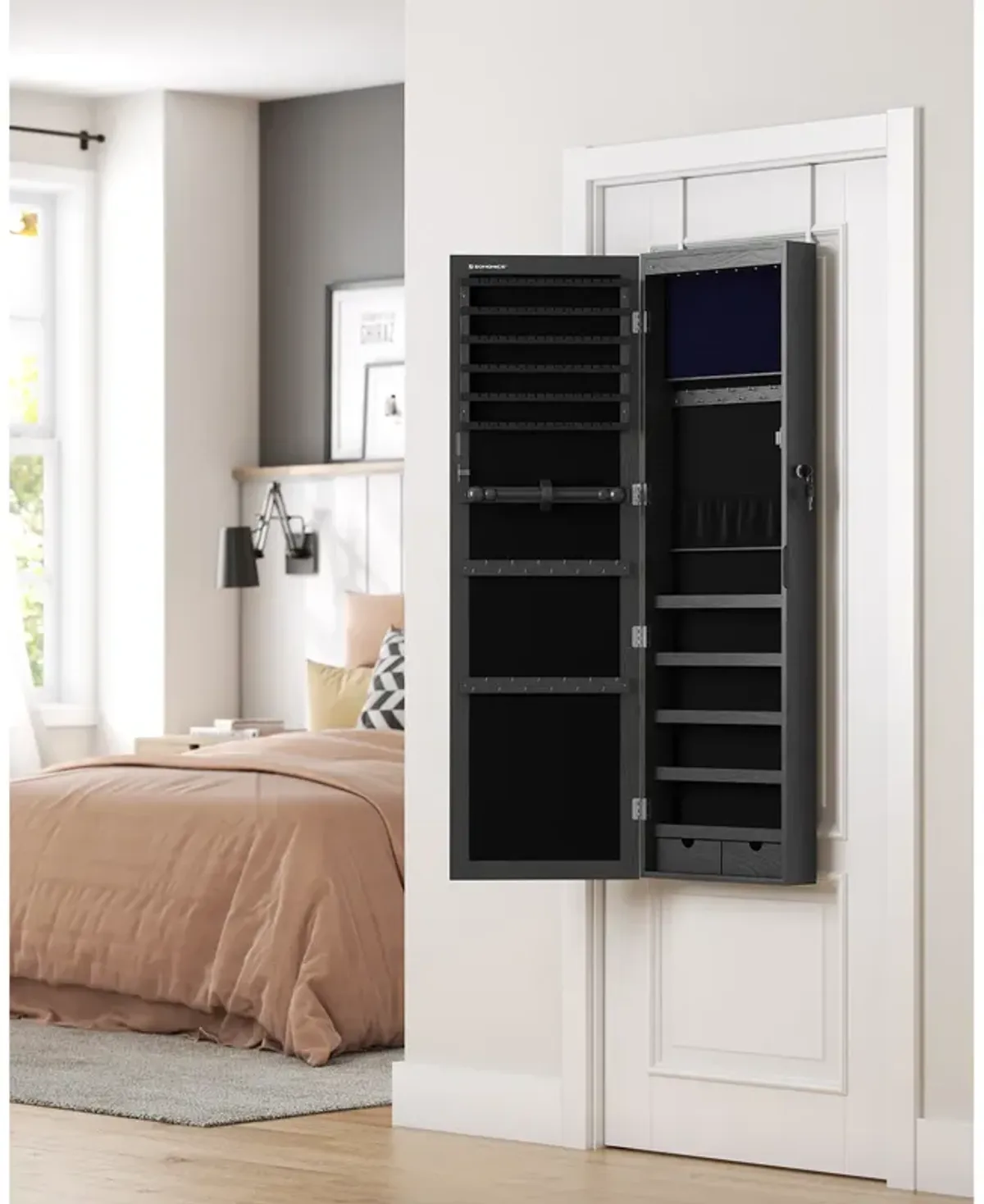 Mirror Jewelry Armoire with 6 LEDs - 47.2" Lockable Wall/Door Mounted Cabinet with 2 Drawers