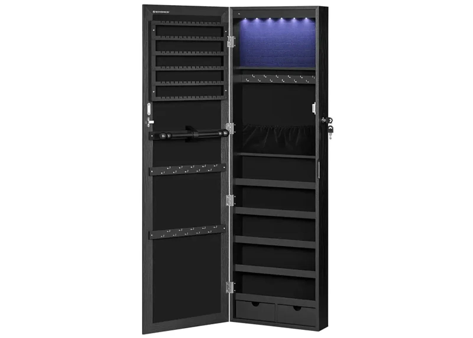 Mirror Jewelry Armoire with 6 LEDs - 47.2" Lockable Wall/Door Mounted Cabinet with 2 Drawers