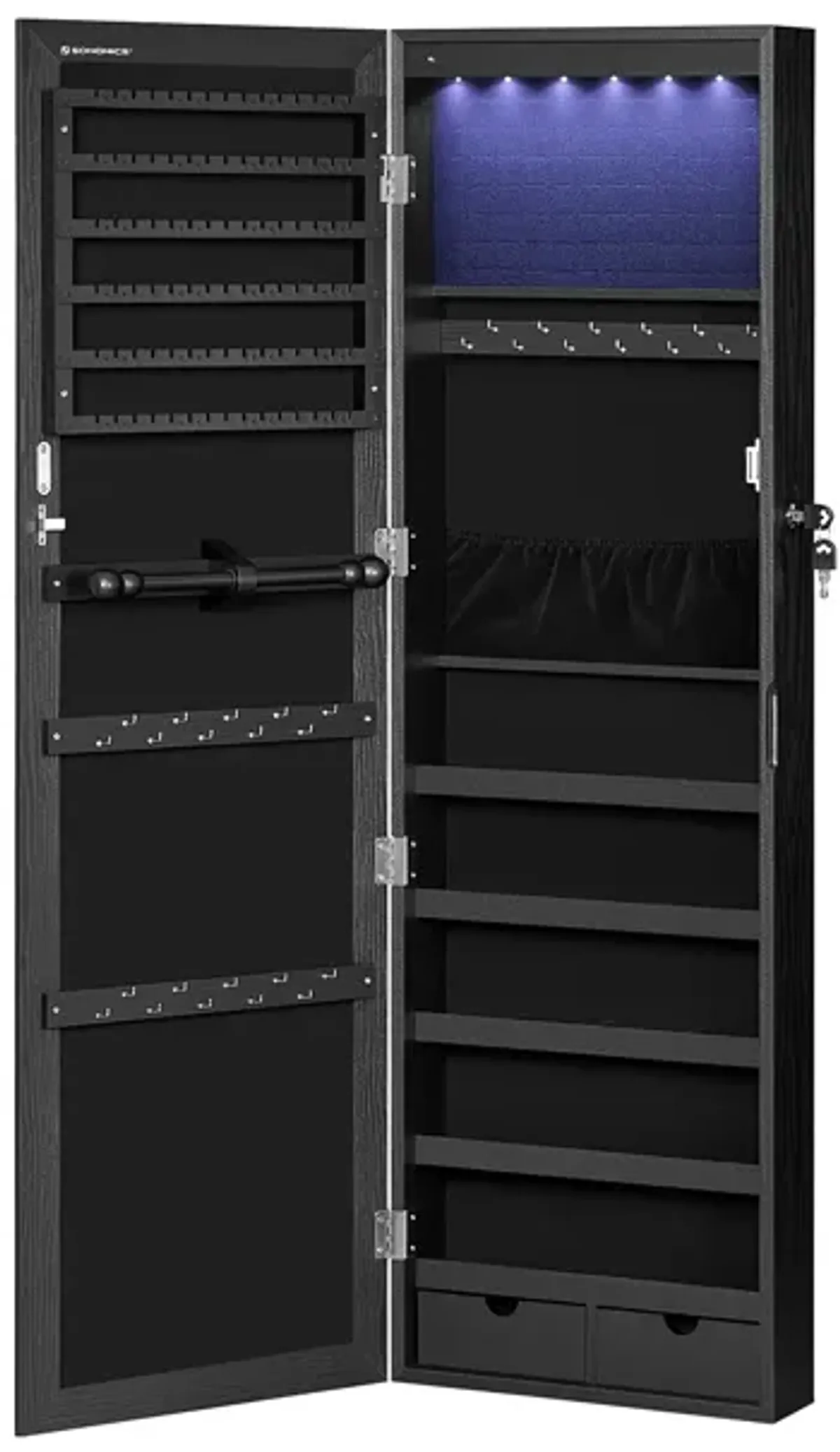 Mirror Jewelry Armoire with 6 LEDs - 47.2" Lockable Wall/Door Mounted Cabinet with 2 Drawers