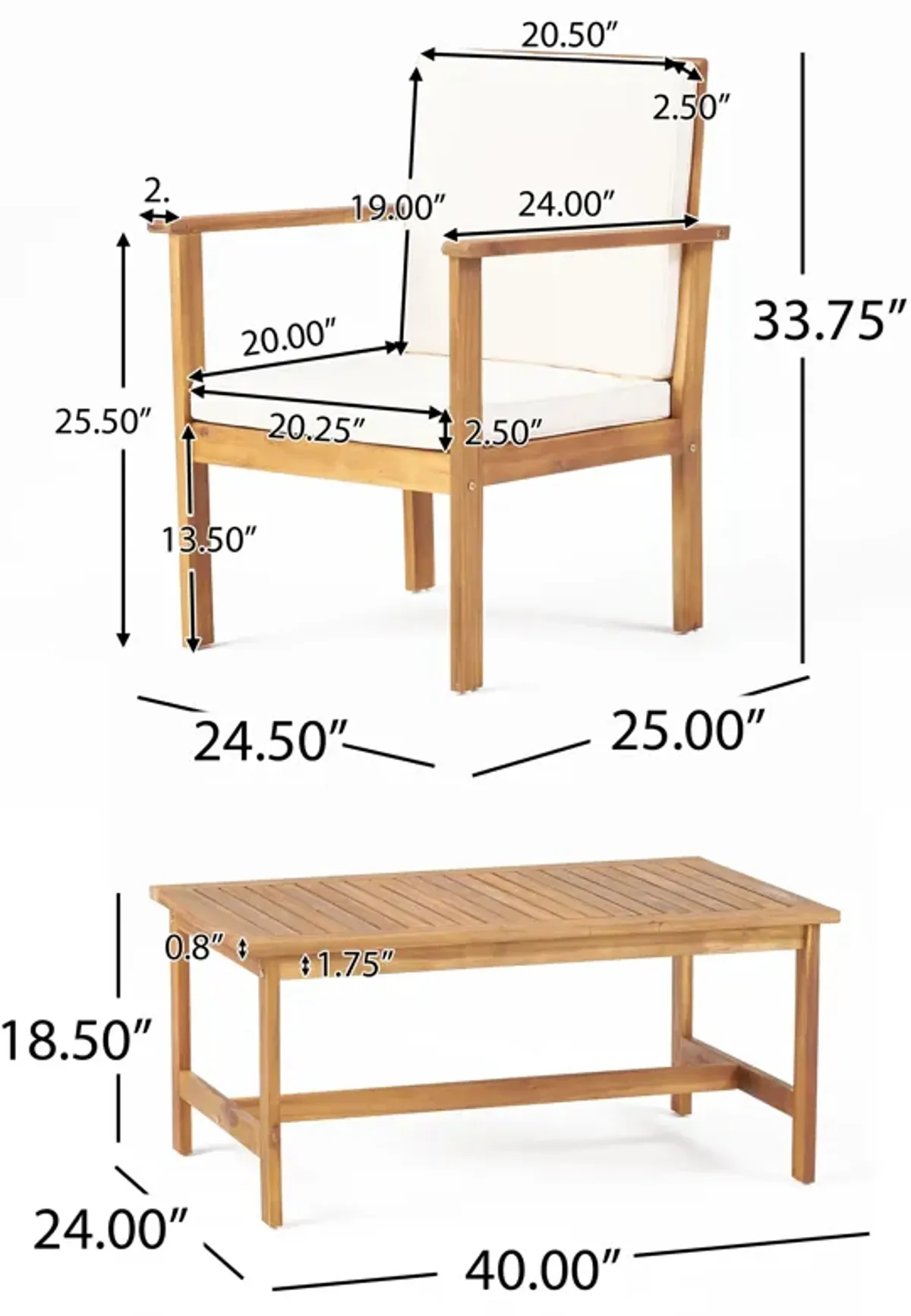 3pc Set with 2 Outdoor Club Chairs and Coffee Table in Acacia Wood - Benzara