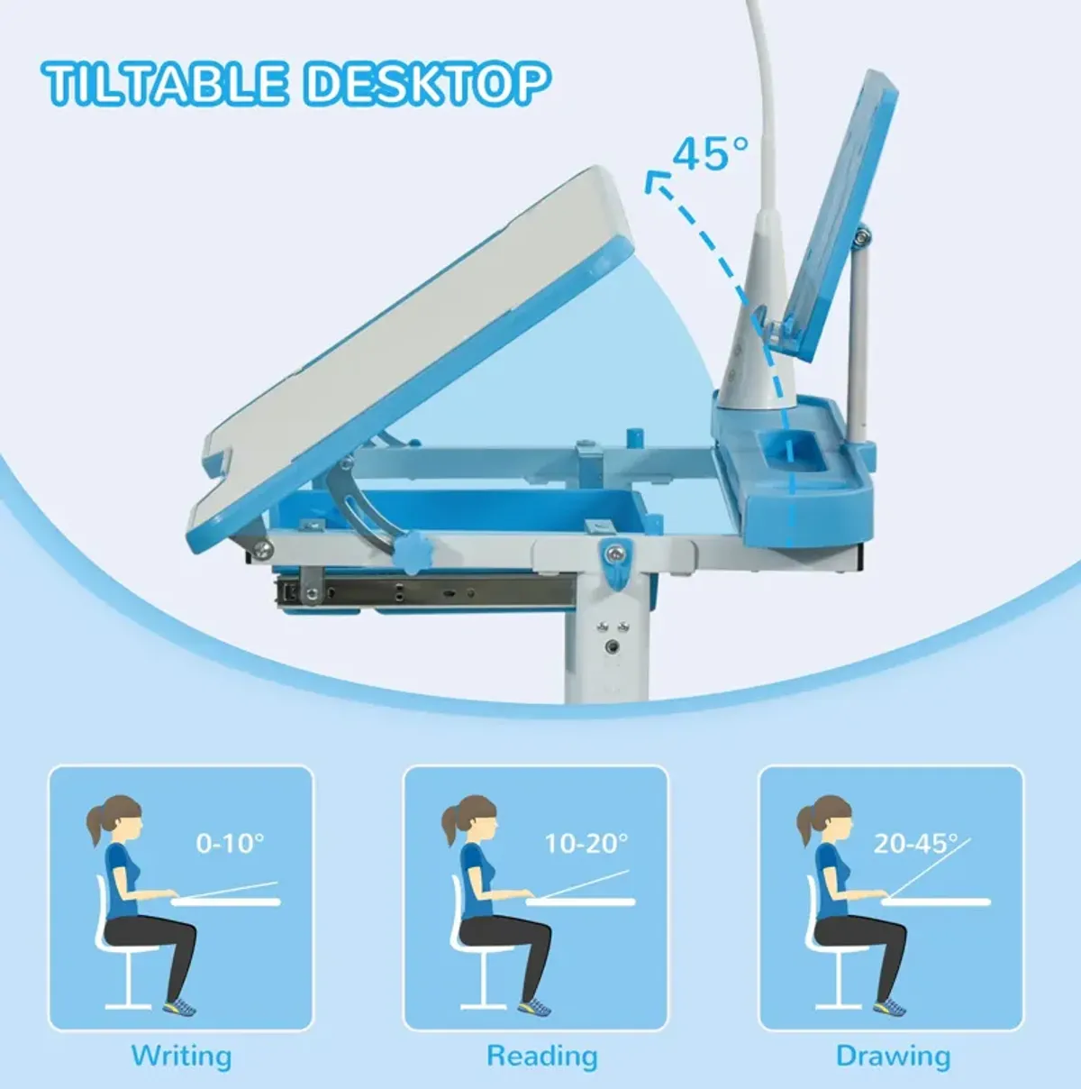 Kids Desk and Chair Set Height Adjustable Children Study Table with Tilt Desktop, LED Lamp, Drawer, Reading Board, Cup Holder, Pen Slots