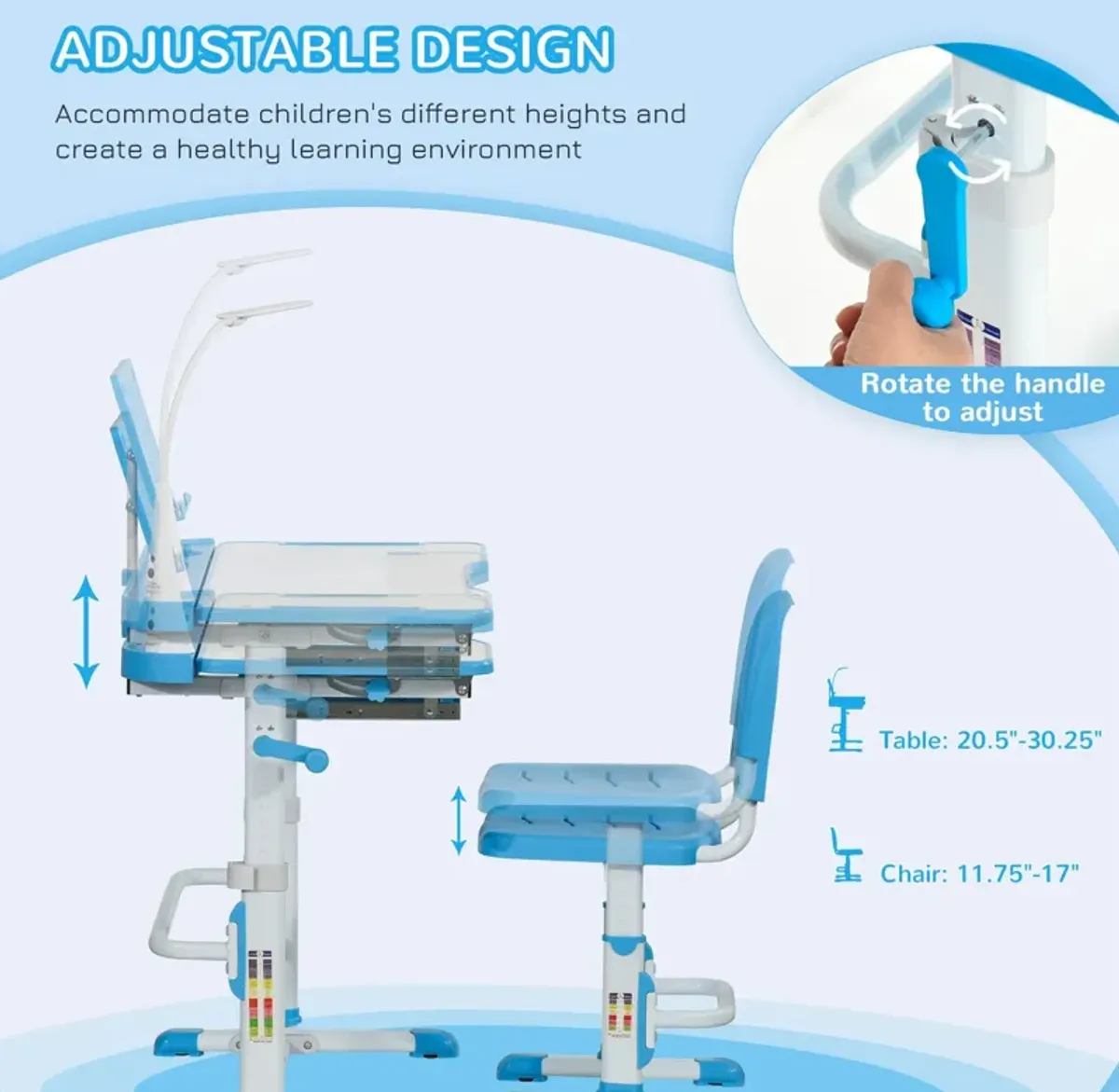 Kids Desk and Chair Set Height Adjustable Children Study Table with Tilt Desktop, LED Lamp, Drawer, Reading Board, Cup Holder, Pen Slots