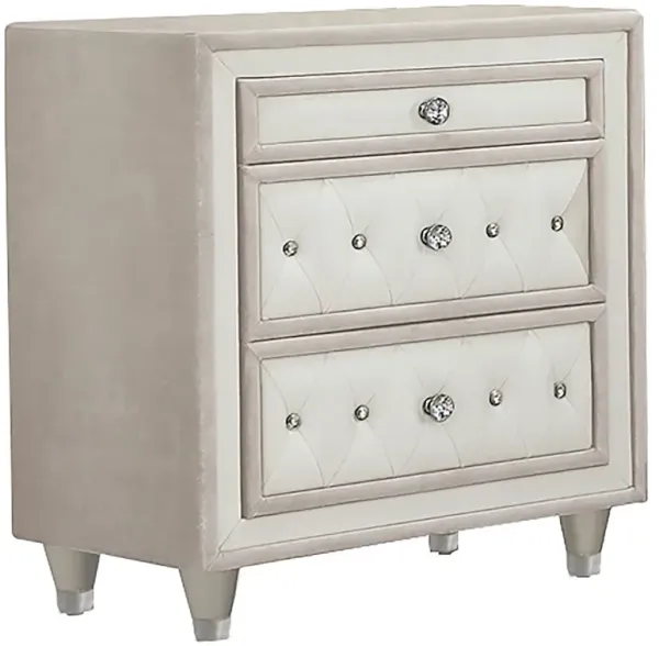 Antonella Upholstered 3-drawer Nightstand Ivory and Camel