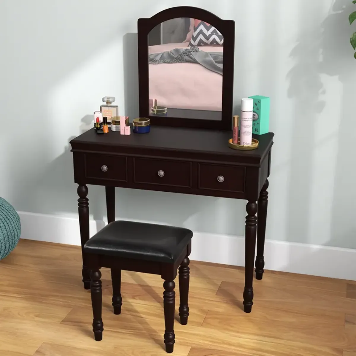 Makeup Vanity Table and Stool Set with Detachable Mirror and 3 Drawers Storage