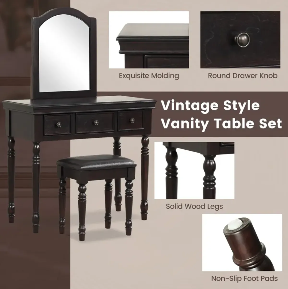 Makeup Vanity Table and Stool Set with Detachable Mirror and 3 Drawers Storage