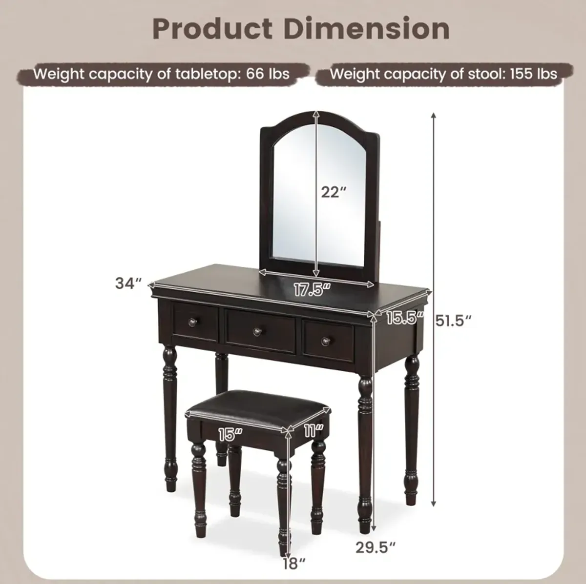 Makeup Vanity Table and Stool Set with Detachable Mirror and 3 Drawers Storage