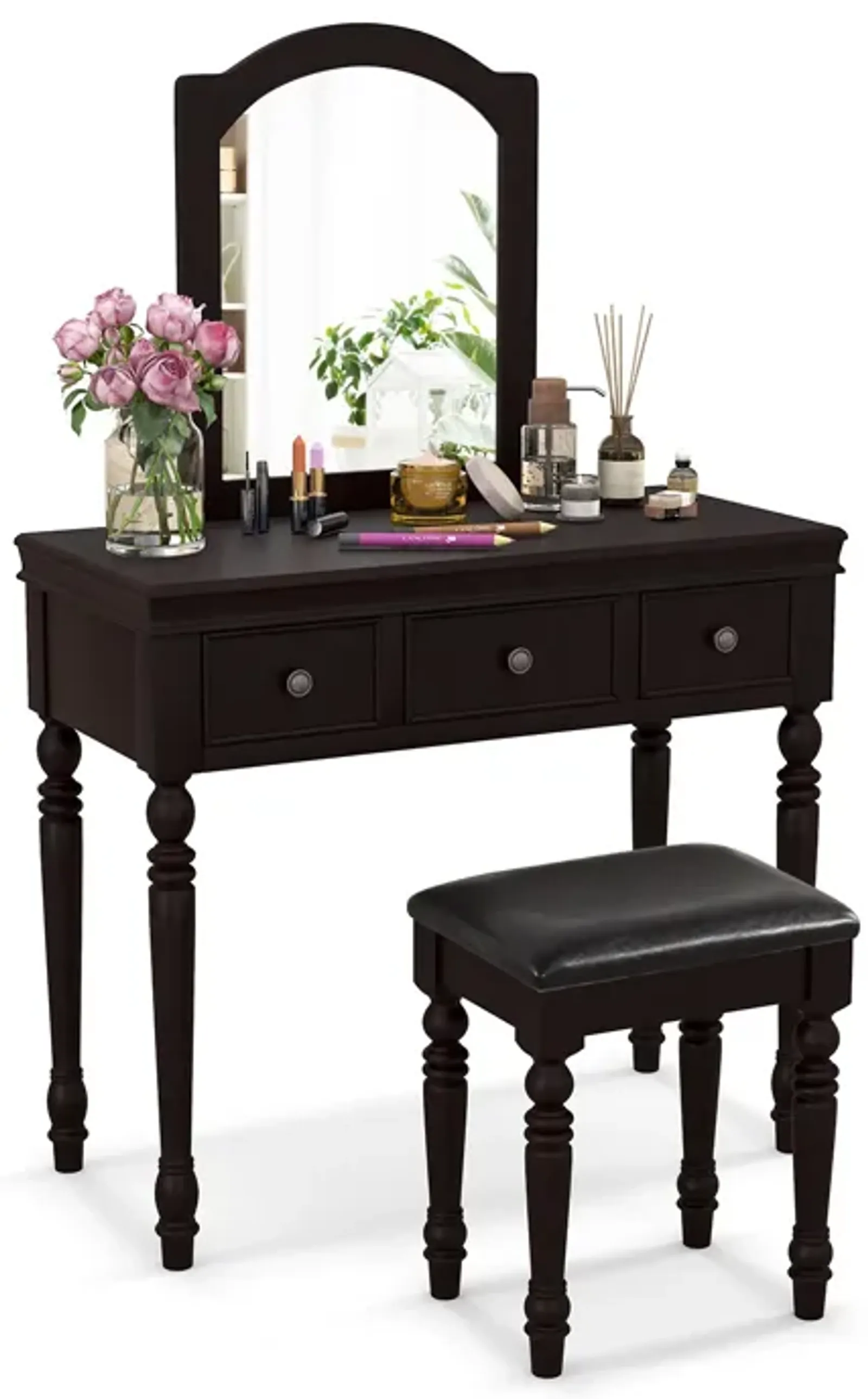 Makeup Vanity Table and Stool Set with Detachable Mirror and 3 Drawers Storage