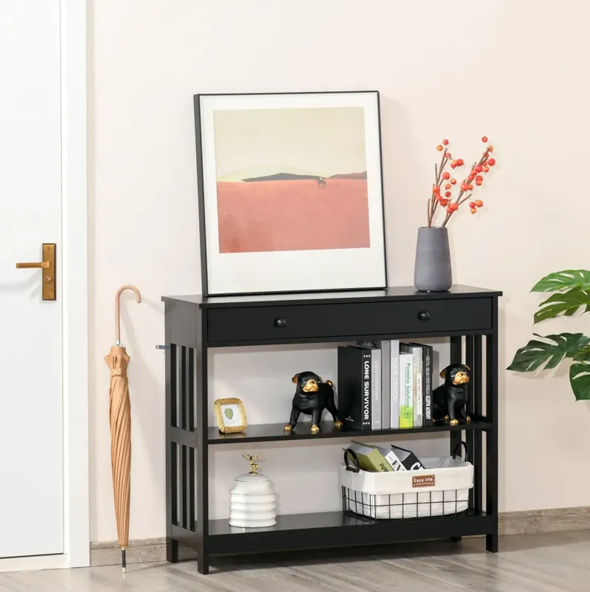 Black Entryway Table: Console with Drawers and 2 Shelves