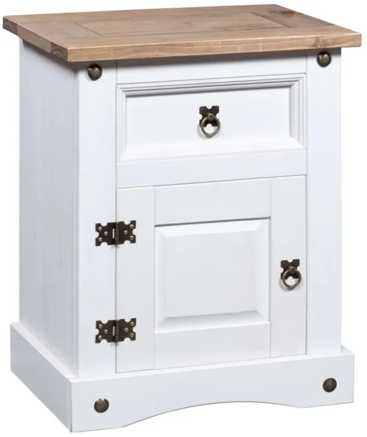 vidaXL Bedside Cabinet in Rustic Mexican 'Corona' Style, Solid Pinewood, White Body with Brown Top, Includes Drawer and Cupboard