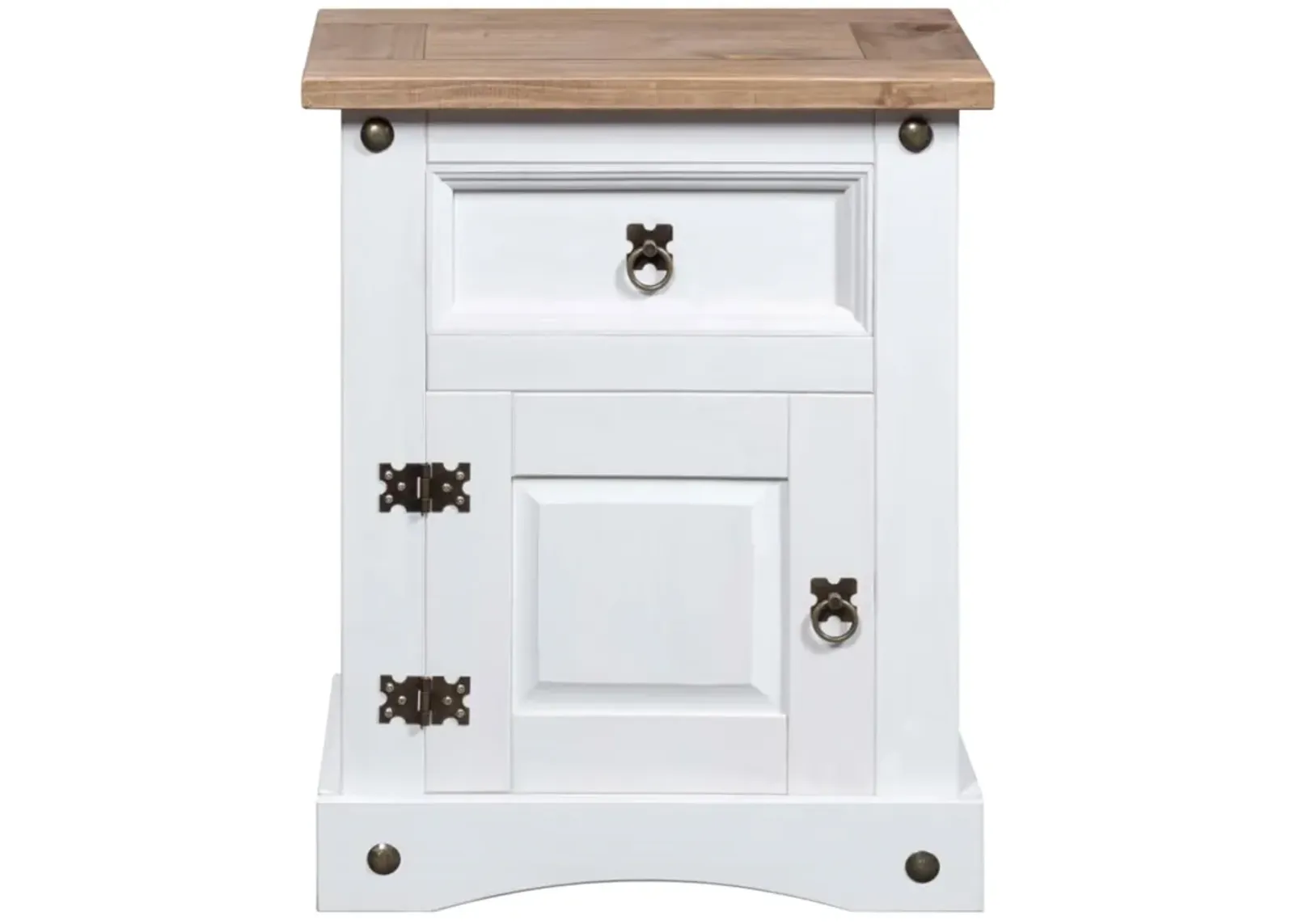 vidaXL Bedside Cabinet in Rustic Mexican 'Corona' Style, Solid Pinewood, White Body with Brown Top, Includes Drawer and Cupboard