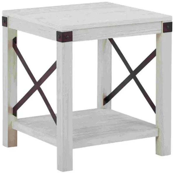 End Table with X Metal Accent and Grain Details, White-Benzara