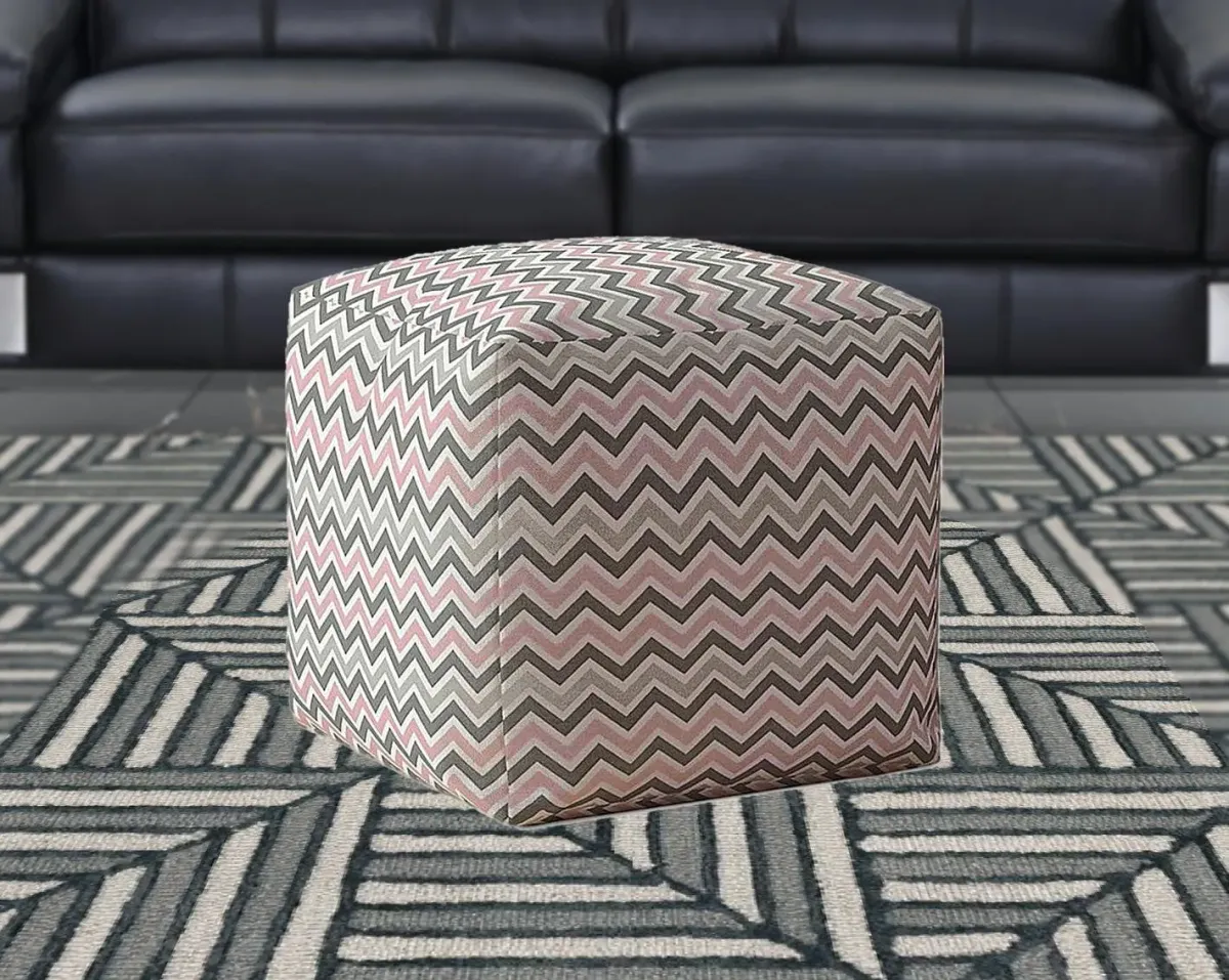 Homezia 17" Grey And Pink Twill Chevron Pouf Ottoman