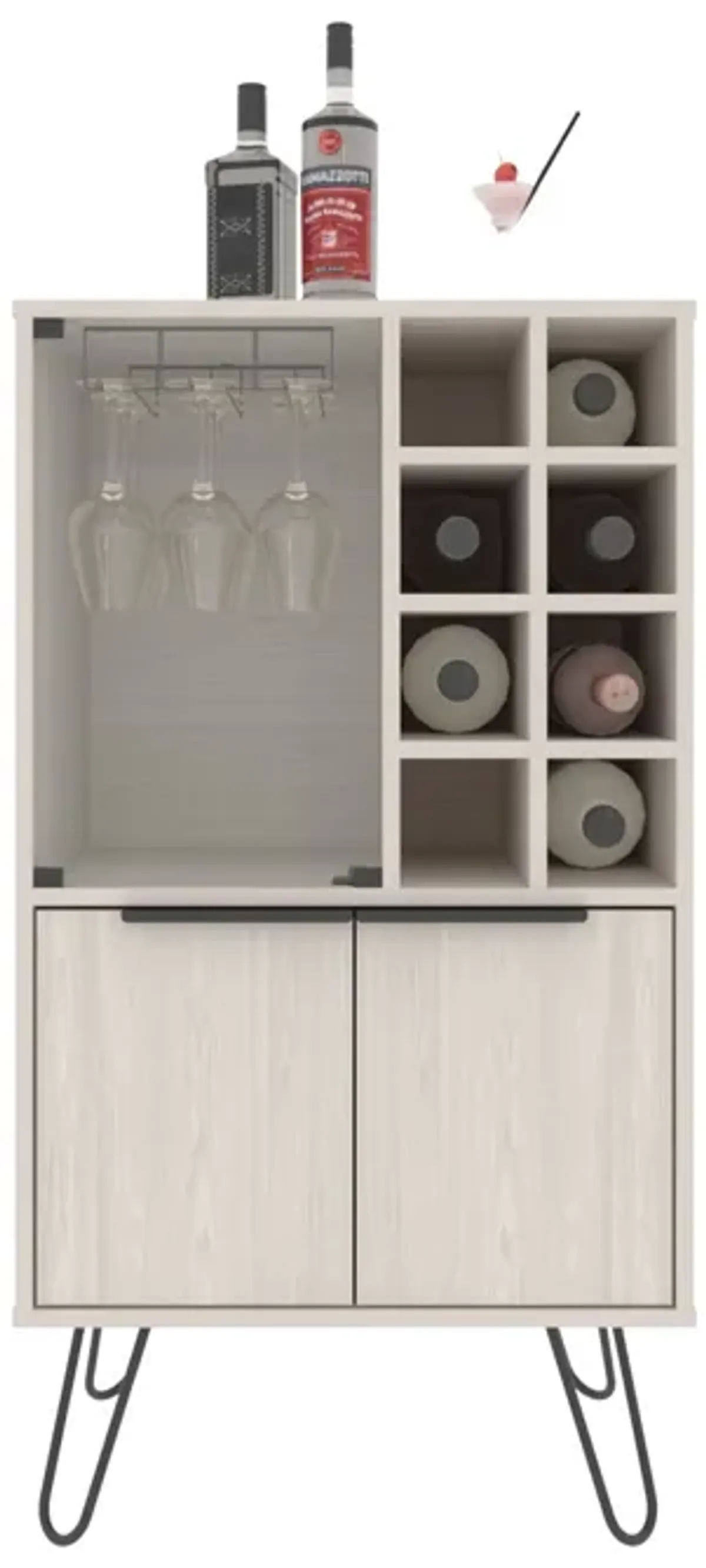 Lutak Bar Cabinet 43.1" H, with 2 Doors, 9 Shelves, and 1 Glass Panel, White Washed Oak