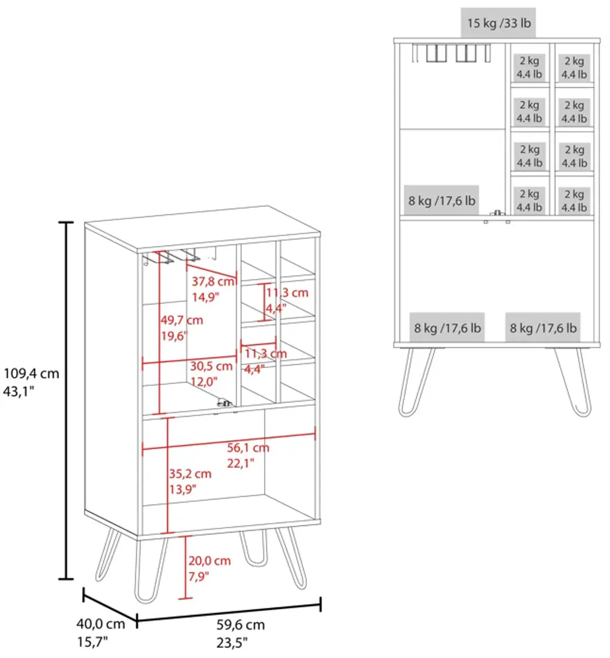 Lutak Bar Cabinet 43.1" H, with 2 Doors, 9 Shelves, and 1 Glass Panel, White Washed Oak